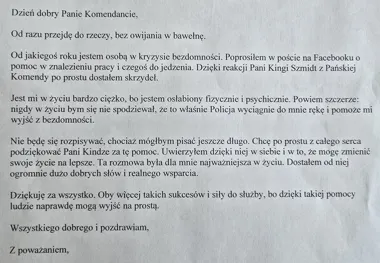Mężczyzna w kryzysie bezdomności podziękował policjantce z Sosnowca